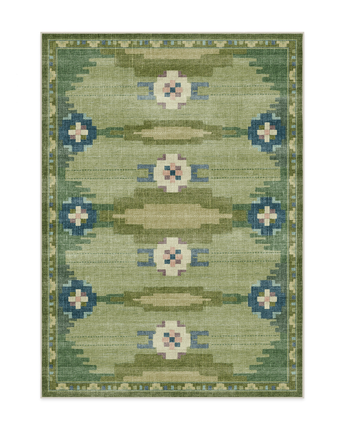 Tapis tissé plat nordique avec motif géométrique vert fougère lavable pour salon et chambre