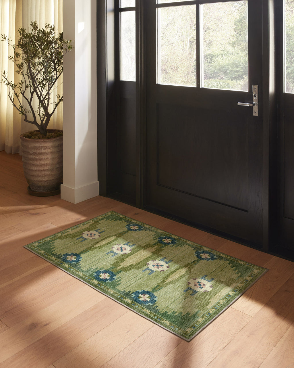Tapis tissé plat nordique avec motif géométrique vert fougère lavable pour salon et chambre