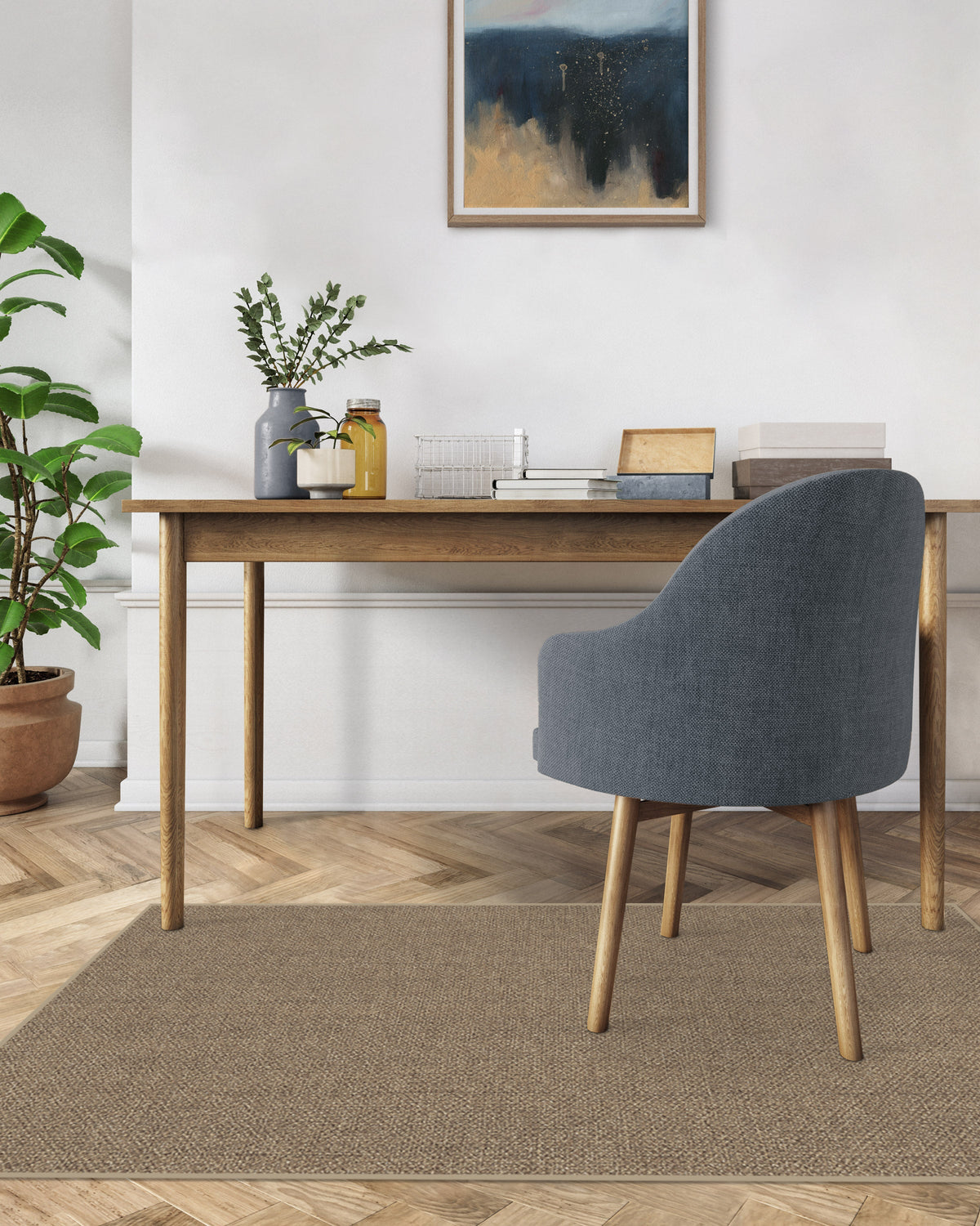 Tapis plat tissé en polyester recyclé, naturel et rustique, avec une texture unie aspect jute sable pour salon et chambre à coucher