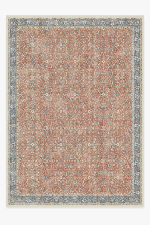 Tapis tissé plat bohème vintage avec motif floral en vigne bleu corail et texture vieillie pour salon et chambre