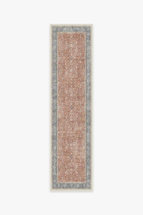 Tapis tissé plat bohème vintage avec motif floral en vigne bleu corail et texture vieillie pour salon et chambre