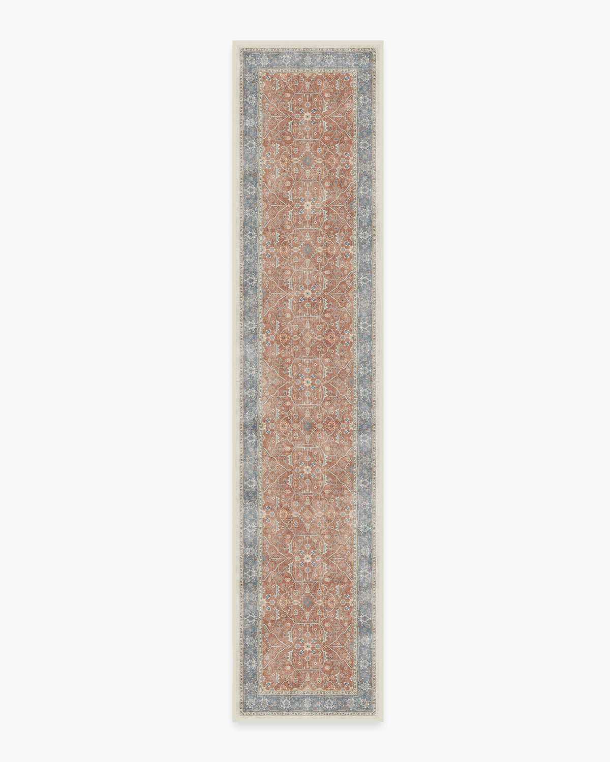 Tapis tissé plat bohème vintage avec motif floral en vigne bleu corail et texture vieillie pour salon et chambre