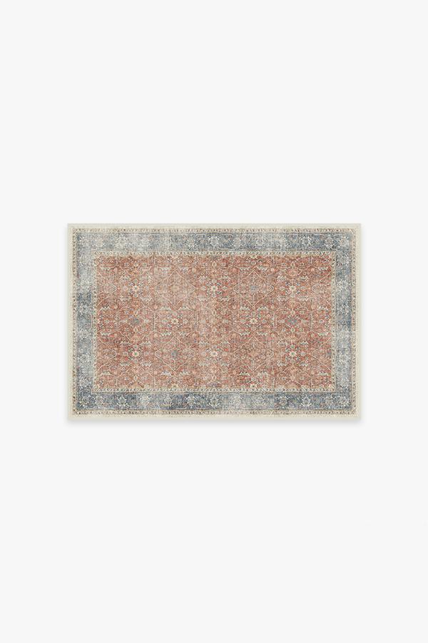 Tapis tissé plat bohème vintage avec motif floral en vigne bleu corail et texture vieillie pour salon et chambre