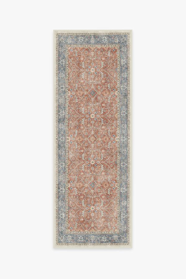 Tapis tissé plat bohème vintage avec motif floral en vigne bleu corail et texture vieillie pour salon et chambre