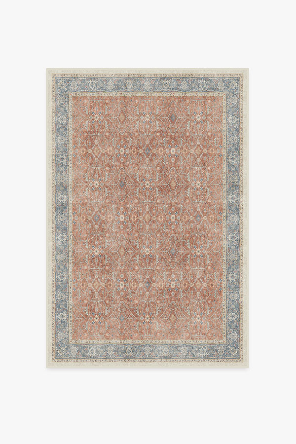 Tapis tissé plat bohème vintage avec motif floral en vigne bleu corail et texture vieillie pour salon et chambre