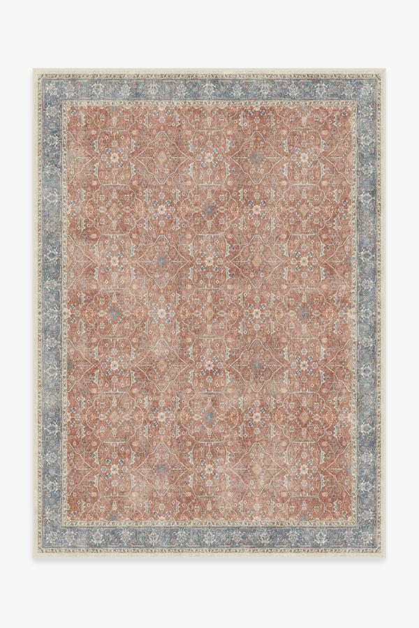 Tapis tissé plat bohème vintage avec motif floral en vigne bleu corail et texture vieillie pour salon et chambre