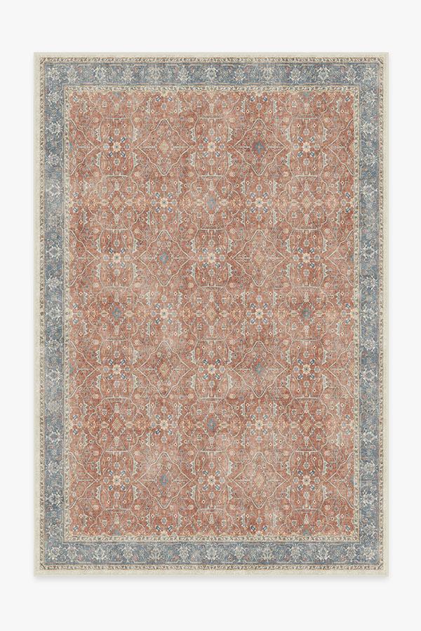 Tapis tissé plat bohème vintage avec motif floral en vigne bleu corail et texture vieillie pour salon et chambre