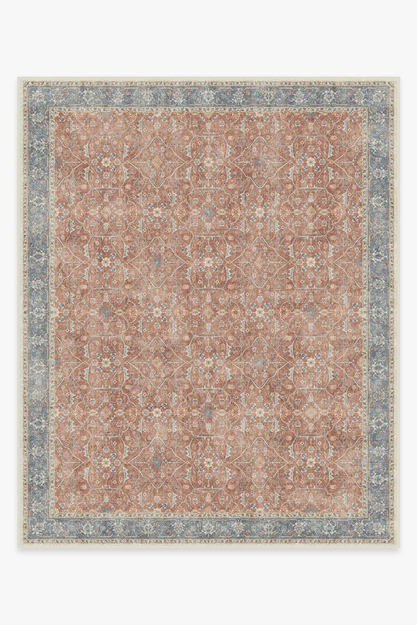 Tapis tissé plat bohème vintage avec motif floral en vigne bleu corail et texture vieillie pour salon et chambre
