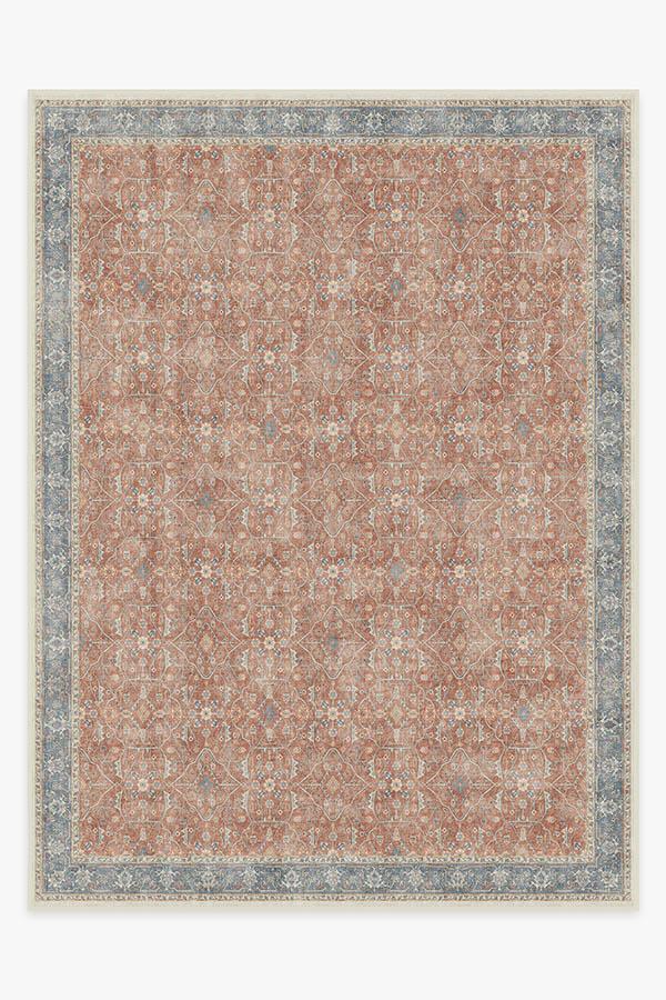 Tapis tissé plat bohème vintage avec motif floral en vigne bleu corail et texture vieillie pour salon et chambre