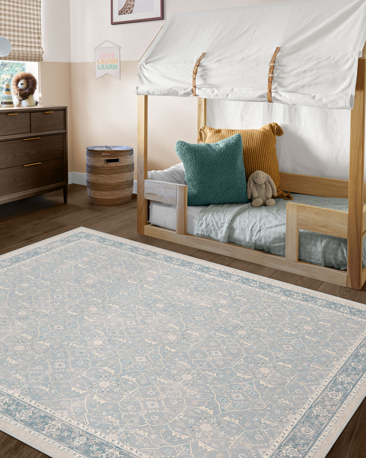 Tapis plat tissé romantique vintage avec treillis lavable de vignes florales bleu pâle pour chambre et salon