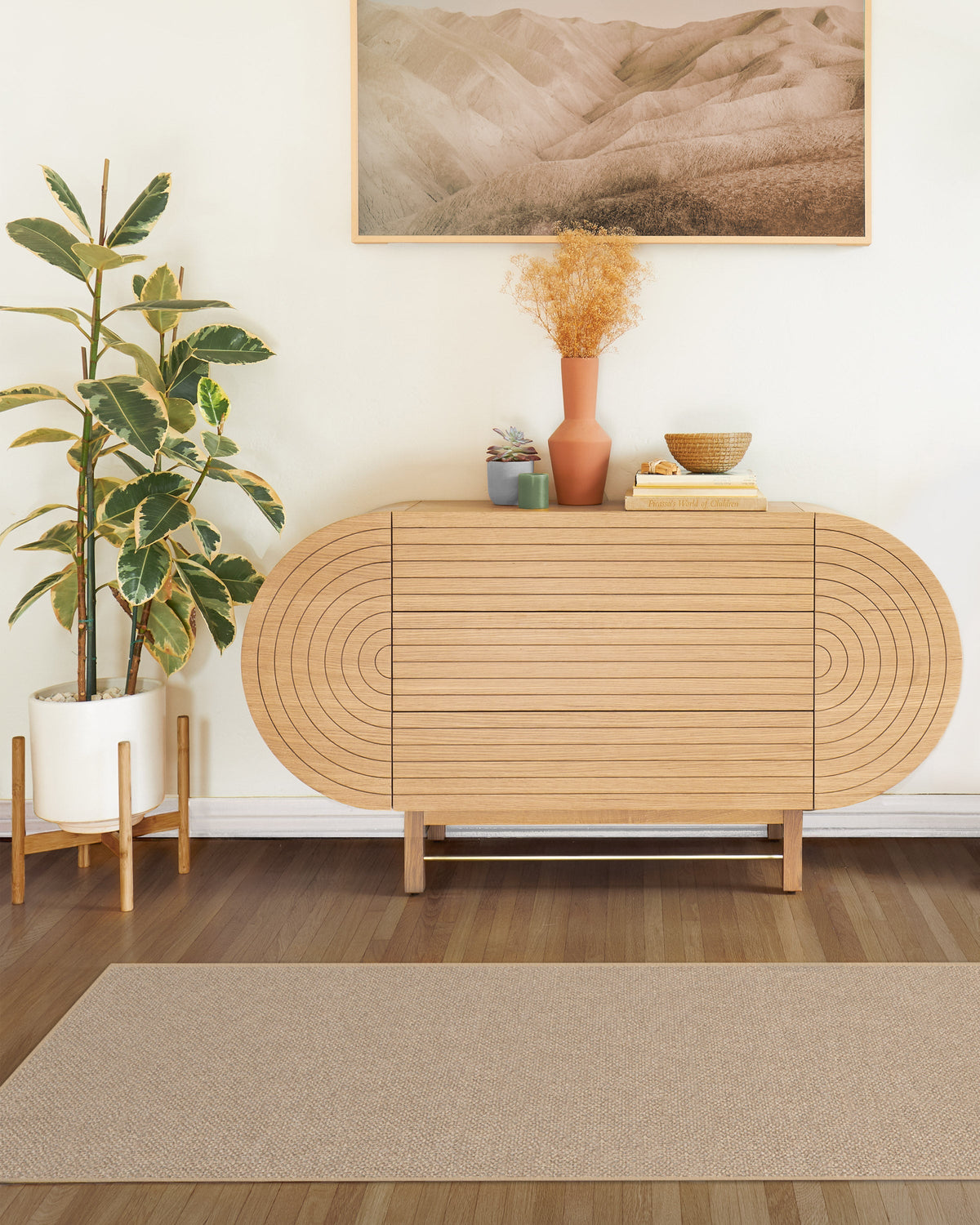 Tapis plat tissé, style minimaliste naturel, en polyester recyclé, texturé sable chaud aspect jute, pour salon et salle à manger