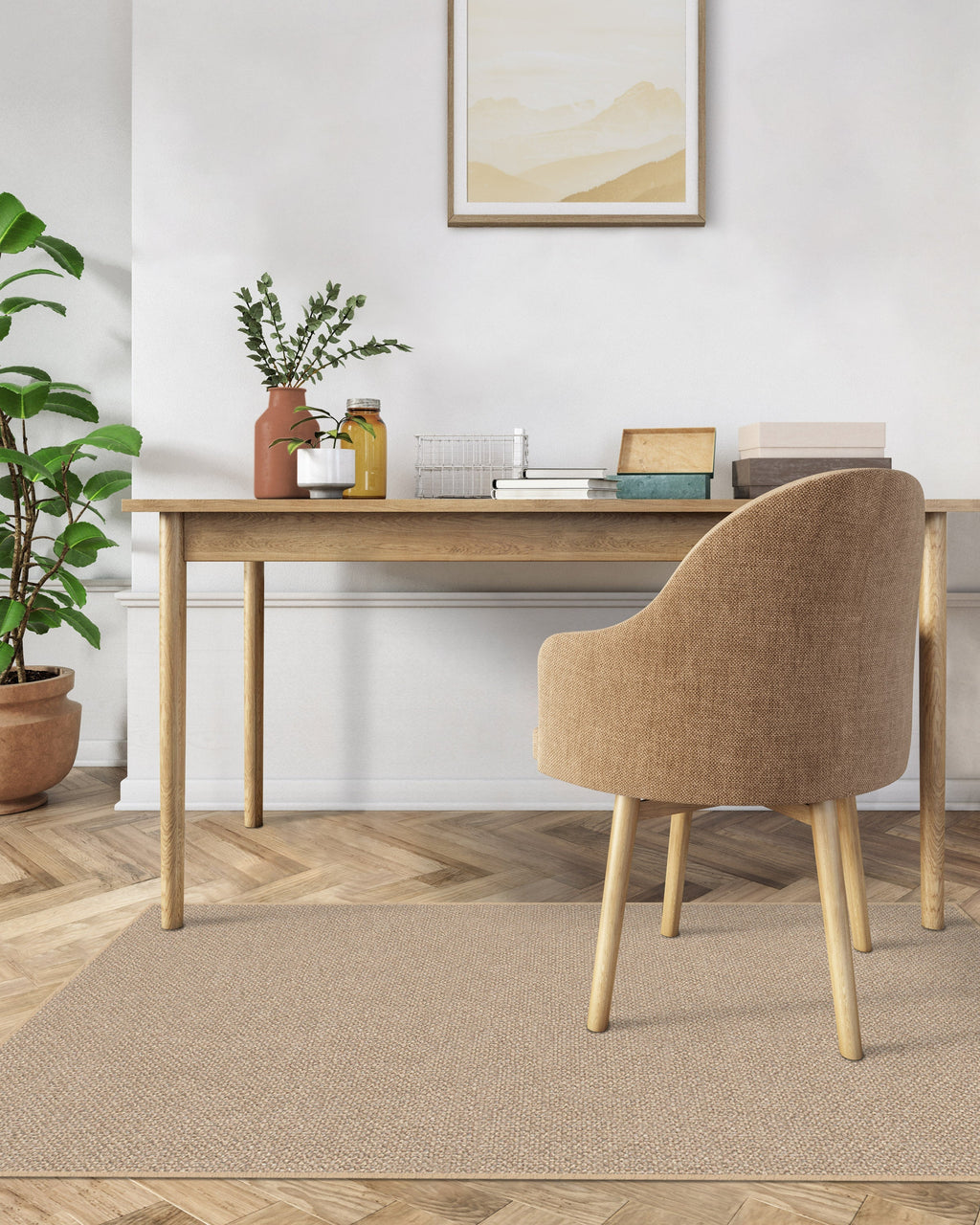 Tapis plat tissé, style minimaliste naturel, en polyester recyclé, texturé sable chaud aspect jute, pour salon et salle à manger