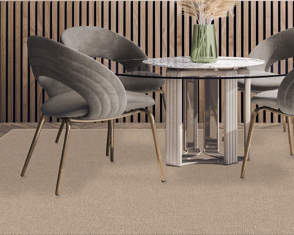 Tapis plat tissé, style minimaliste naturel, en polyester recyclé, texturé sable chaud aspect jute, pour salon et salle à manger