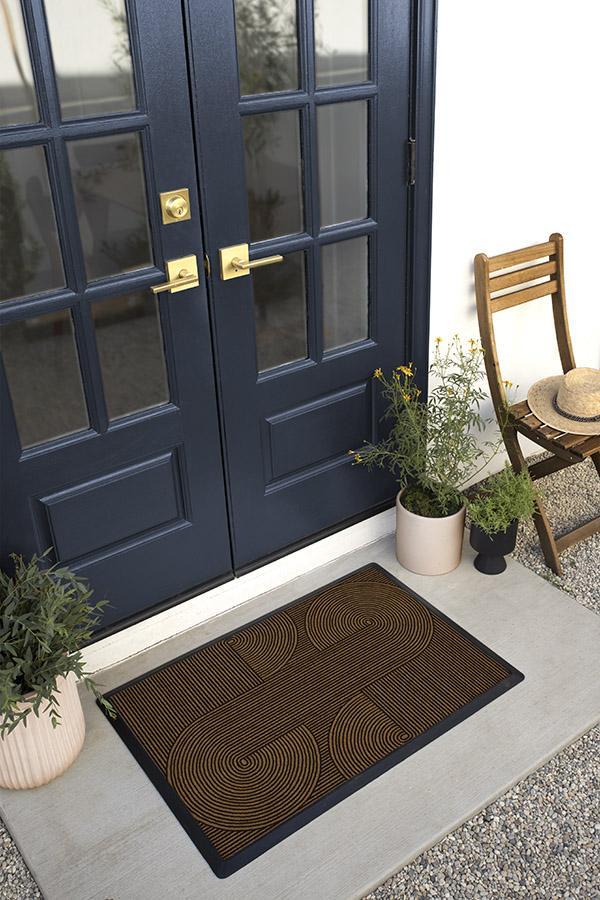 Paillasson lavable Zen Art Déco avec motif géométrique symétrique en acajou foncé pour entrée et porche