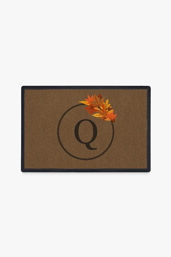 Paillasson lavable de saison d'automne avec bordure monogrammée de feuilles d'automne pour entrée et porche