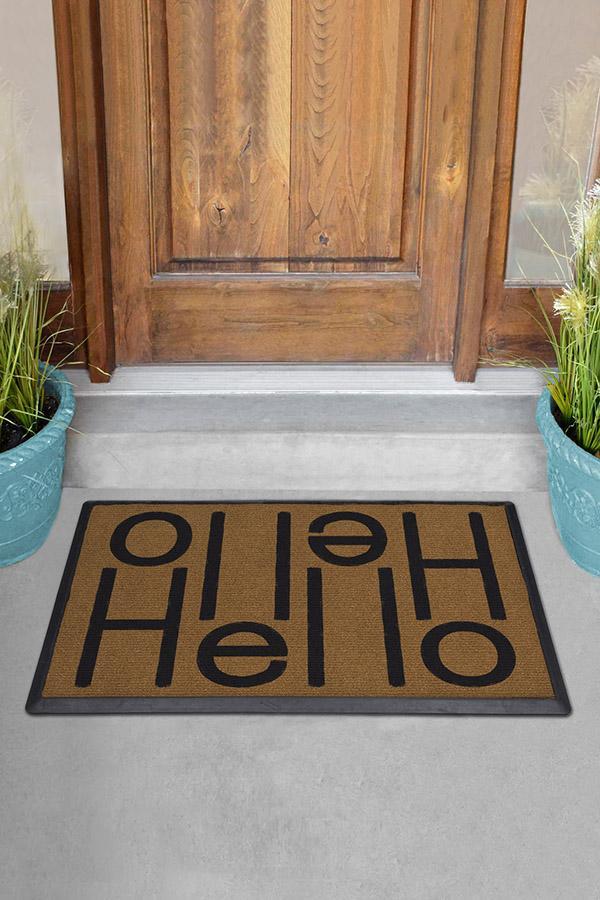 Paillasson lavable typographie contemporaine avec motif "Hello" double face pour entrée et porche