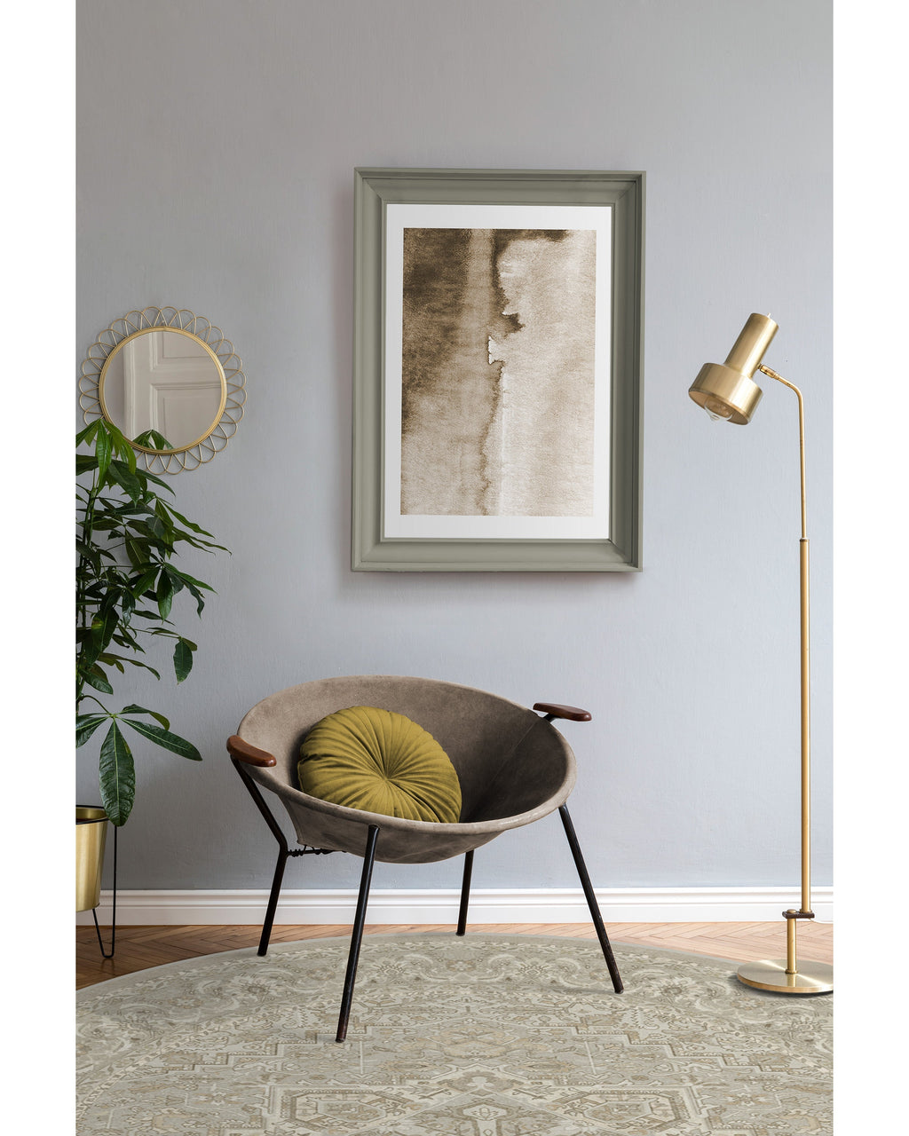 Tapis Persan Ancien Tissé à Plat avec Médaillon Géométrique Taupe Crème pour Salon et Salle à Manger