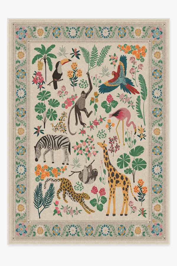 Tapis tissé plat artistique tropical avec motif lavable d'animaux de la jungle colorés pour le salon et la chambre d'enfant