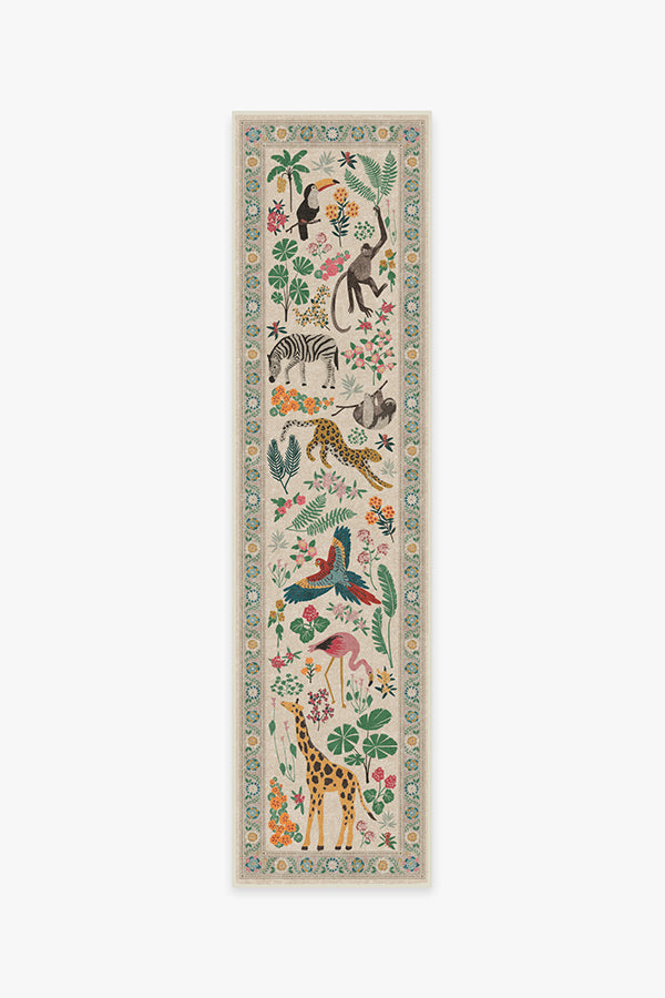 Tapis tissé plat artistique tropical avec motif lavable d'animaux de la jungle colorés pour le salon et la chambre d'enfant