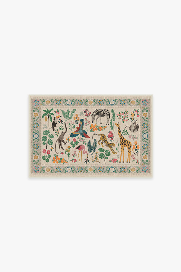 Tapis tissé plat artistique tropical avec motif lavable d'animaux de la jungle colorés pour le salon et la chambre d'enfant