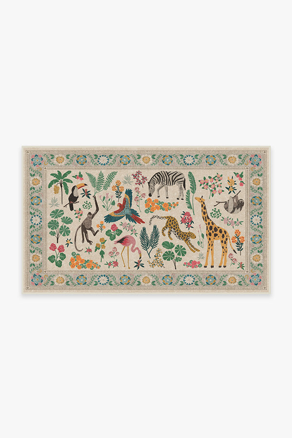 Tapis tissé plat artistique tropical avec motif lavable d'animaux de la jungle colorés pour le salon et la chambre d'enfant
