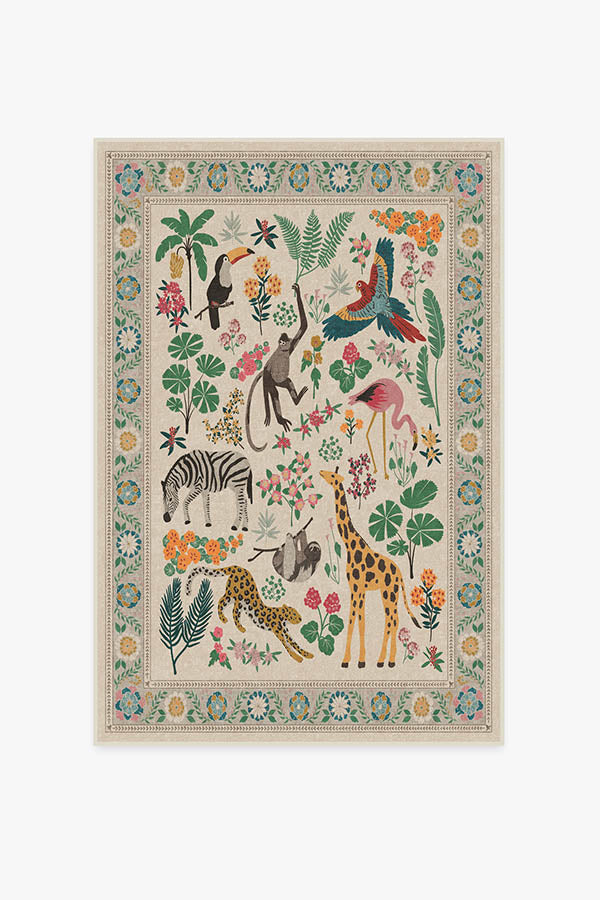 Tapis tissé plat artistique tropical avec motif lavable d'animaux de la jungle colorés pour le salon et la chambre d'enfant