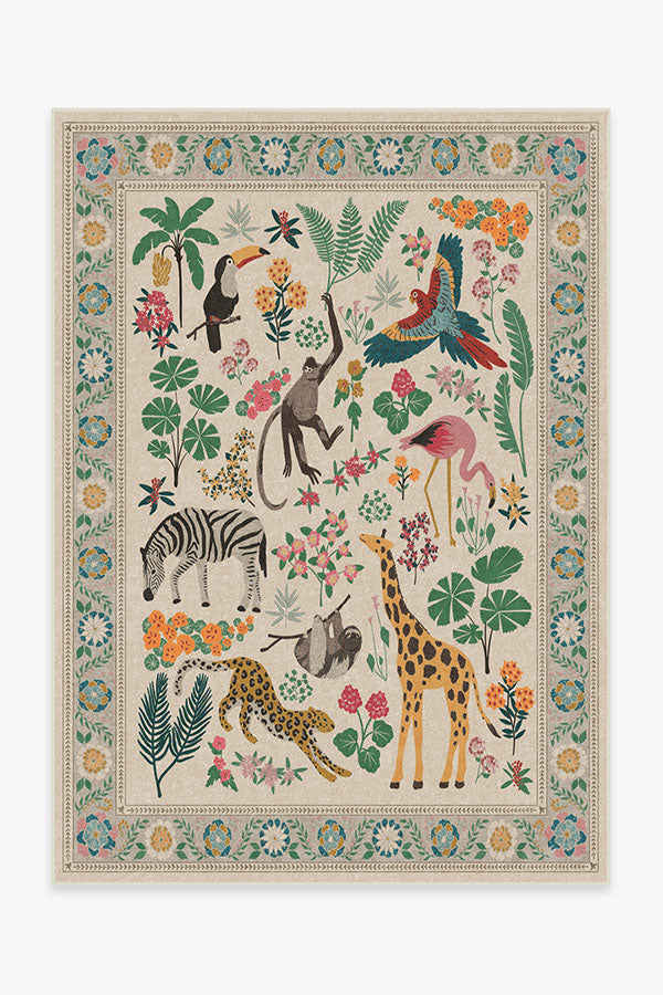Tapis tissé plat artistique tropical avec motif lavable d'animaux de la jungle colorés pour le salon et la chambre d'enfant