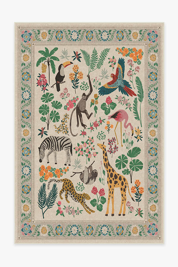 Tapis tissé plat artistique tropical avec motif lavable d'animaux de la jungle colorés pour le salon et la chambre d'enfant