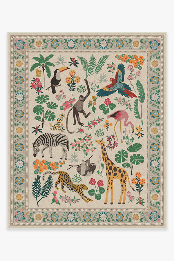 Tapis tissé plat artistique tropical avec motif lavable d'animaux de la jungle colorés pour le salon et la chambre d'enfant