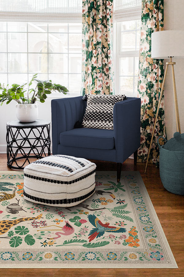 Tapis tissé plat artistique tropical avec motif lavable d'animaux de la jungle colorés pour le salon et la chambre d'enfant