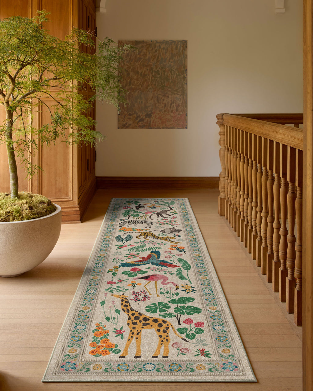 Tapis tissé plat artistique tropical avec motif lavable d'animaux de la jungle colorés pour le salon et la chambre d'enfant