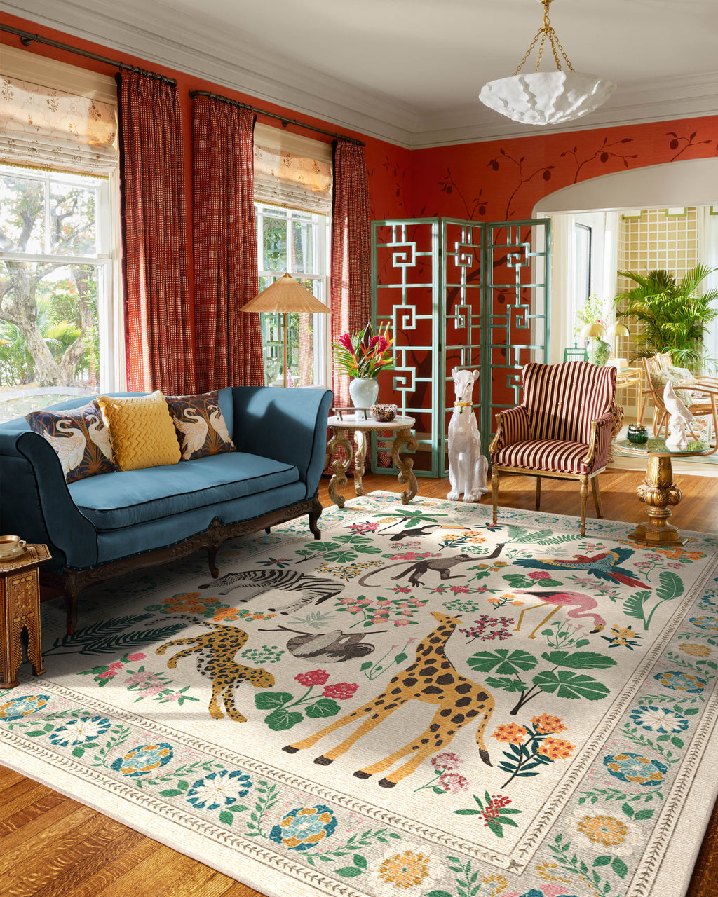 Tapis tissé plat artistique tropical avec motif lavable d'animaux de la jungle colorés pour le salon et la chambre d'enfant