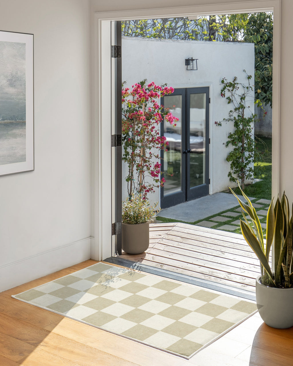 Tapis tissé plat moderne et ludique à motif échiquier cappuccino lavable pour salon et chambre d'enfant