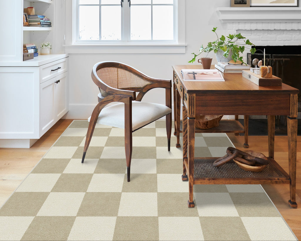 Tapis tissé plat moderne et ludique à motif échiquier cappuccino lavable pour salon et chambre d'enfant