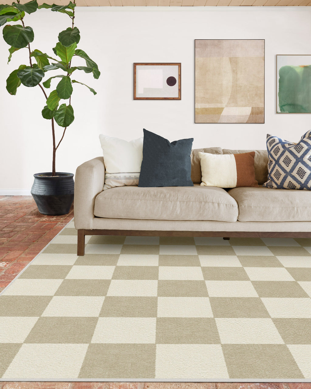 Tapis tissé plat moderne et ludique à motif échiquier cappuccino lavable pour salon et chambre d'enfant