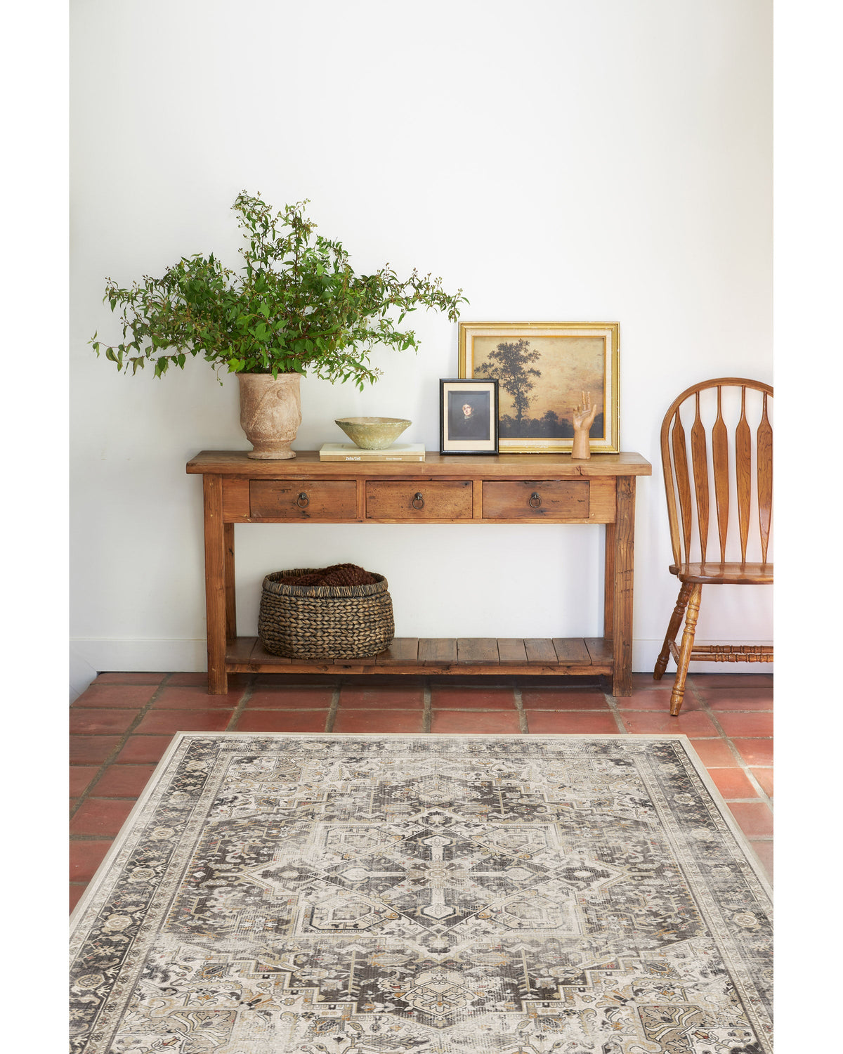 Tapis plat persan de ferme avec médaillon vieilli pour salon et salle à manger