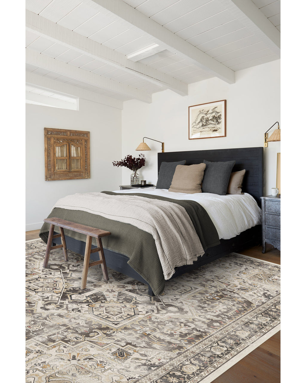 Tapis plat persan de ferme avec médaillon vieilli pour salon et salle à manger