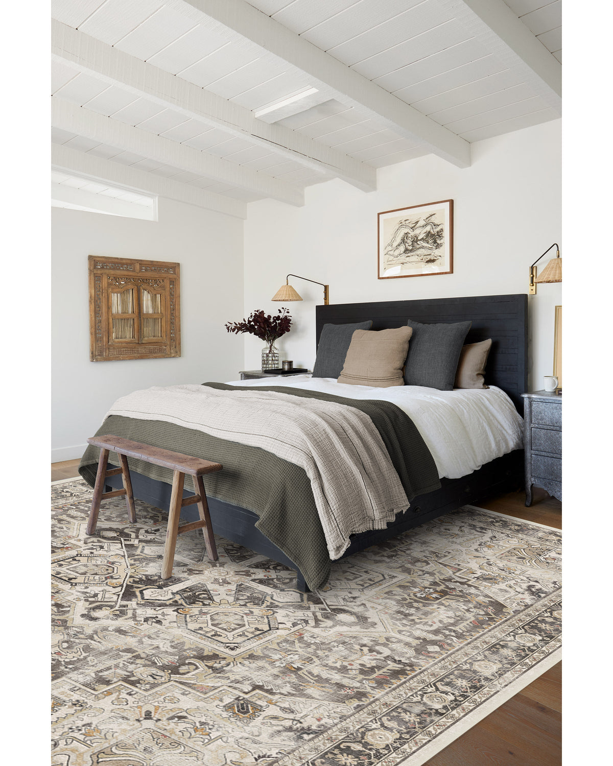 Tapis plat persan de ferme avec médaillon vieilli pour salon et salle à manger