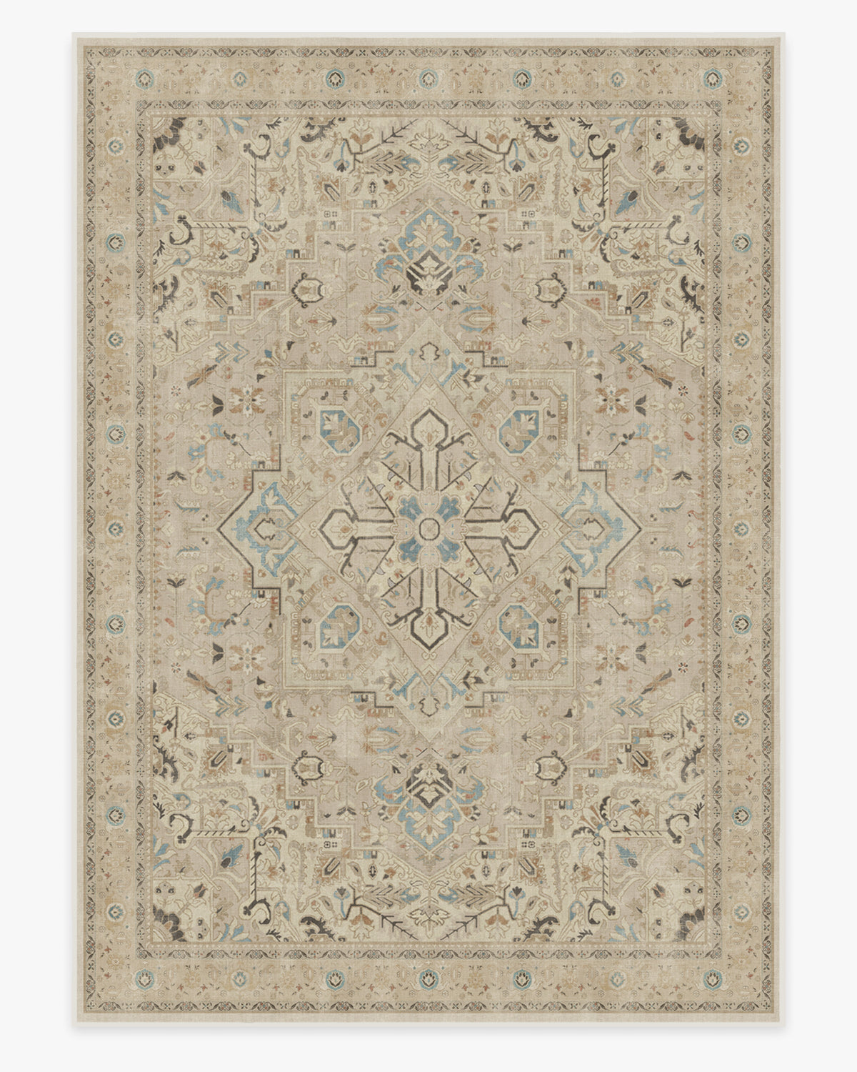 Tapis persan tissé plat minimaliste avec médaillon et bordure ivoire lavables pour salon et chambre