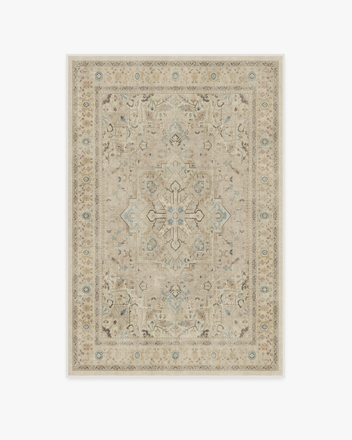 Tapis persan tissé plat minimaliste avec médaillon et bordure ivoire lavables pour salon et chambre