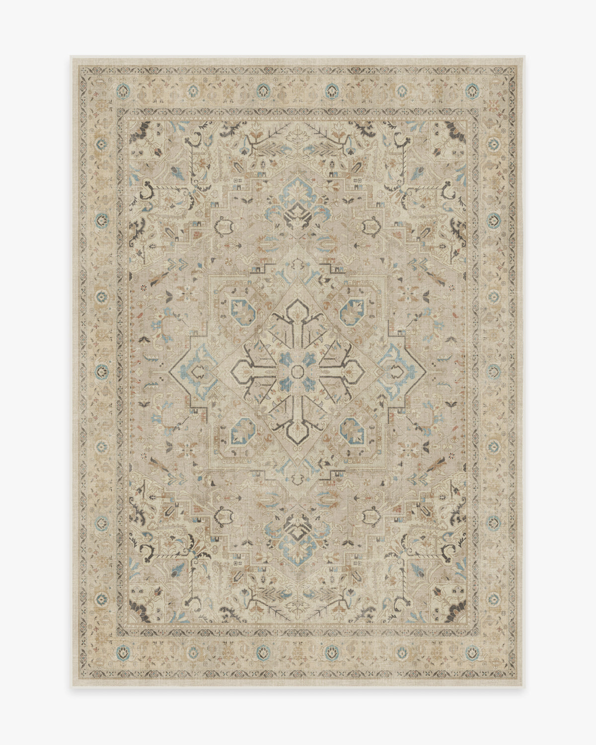 Tapis persan tissé plat minimaliste avec médaillon et bordure ivoire lavables pour salon et chambre