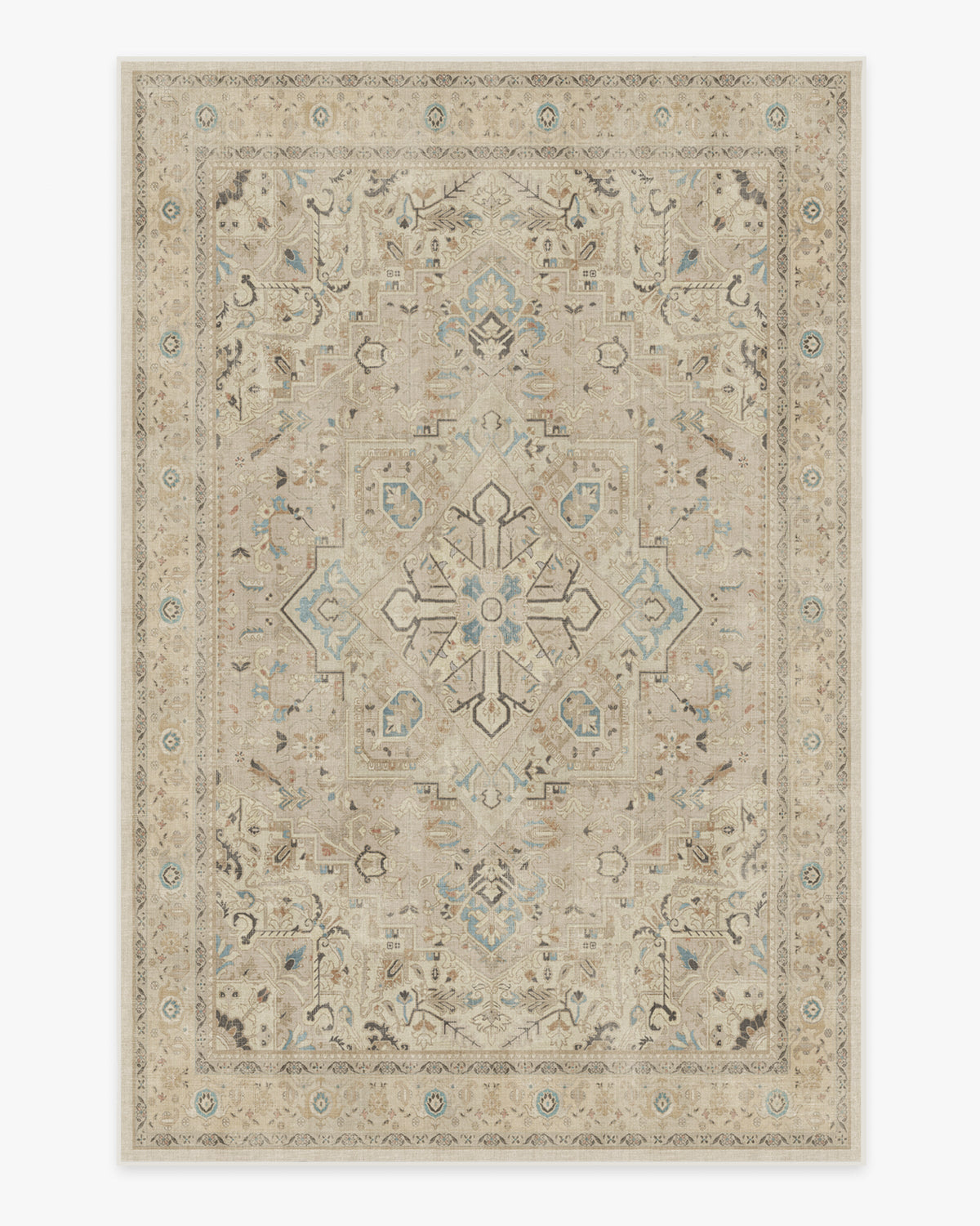 Tapis persan tissé plat minimaliste avec médaillon et bordure ivoire lavables pour salon et chambre