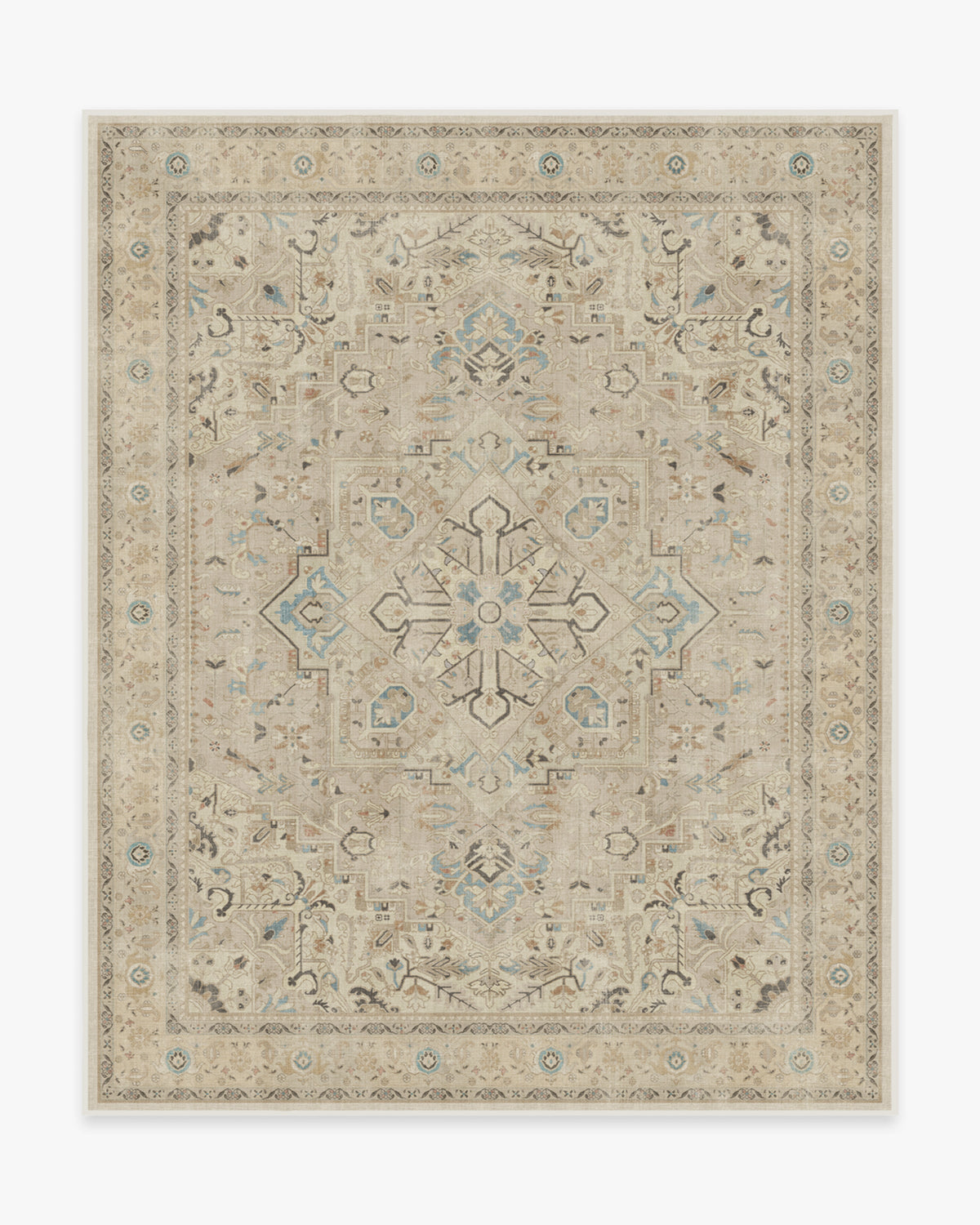 Tapis persan tissé plat minimaliste avec médaillon et bordure ivoire lavables pour salon et chambre