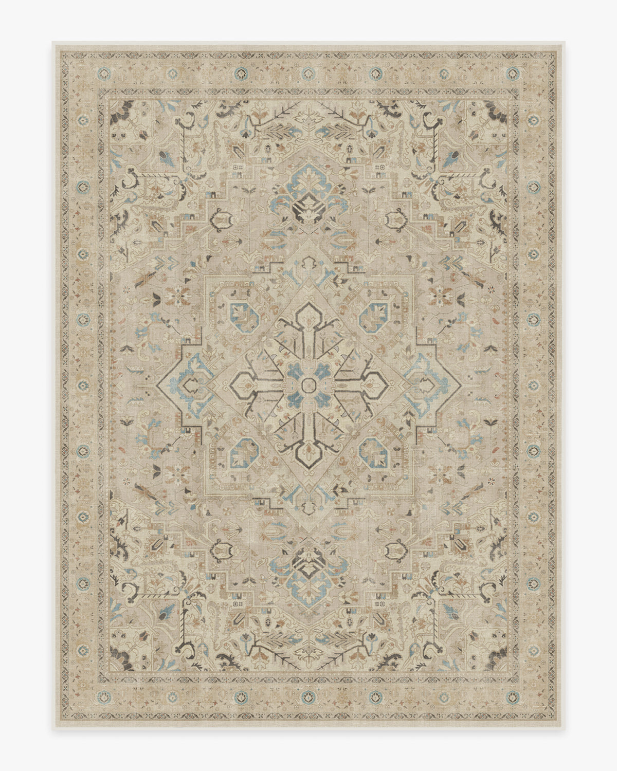Tapis persan tissé plat minimaliste avec médaillon et bordure ivoire lavables pour salon et chambre