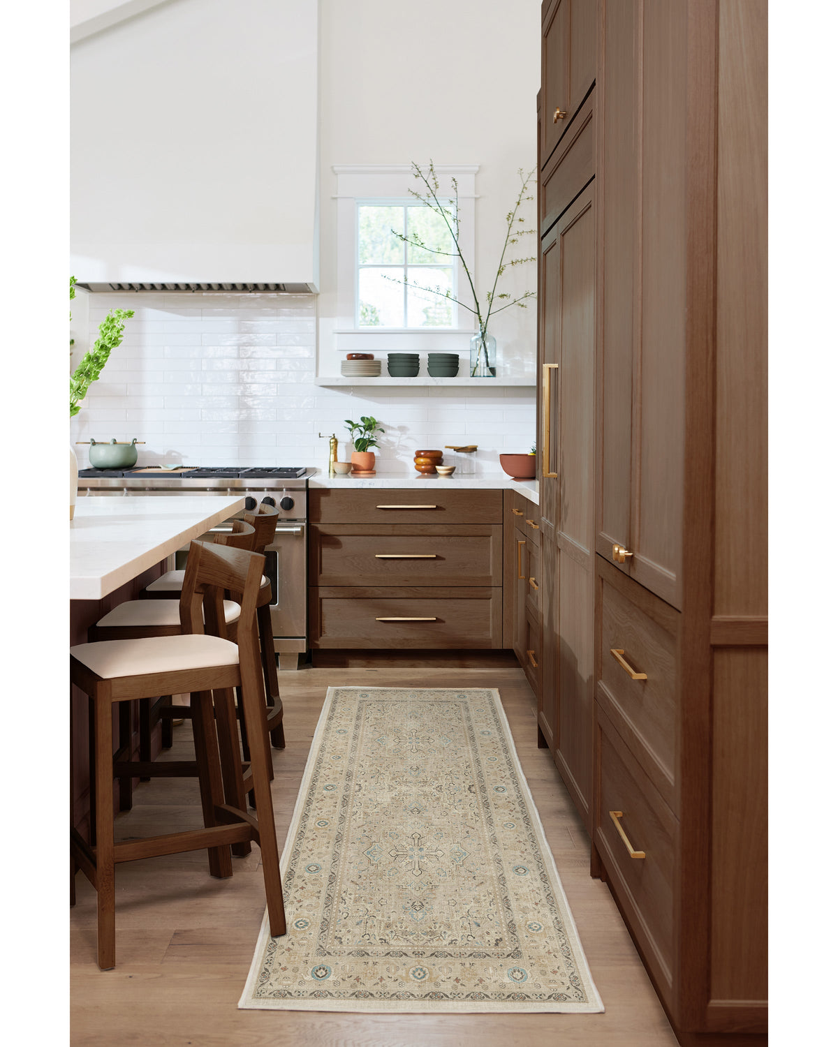 Tapis persan tissé plat minimaliste avec médaillon et bordure ivoire lavables pour salon et chambre