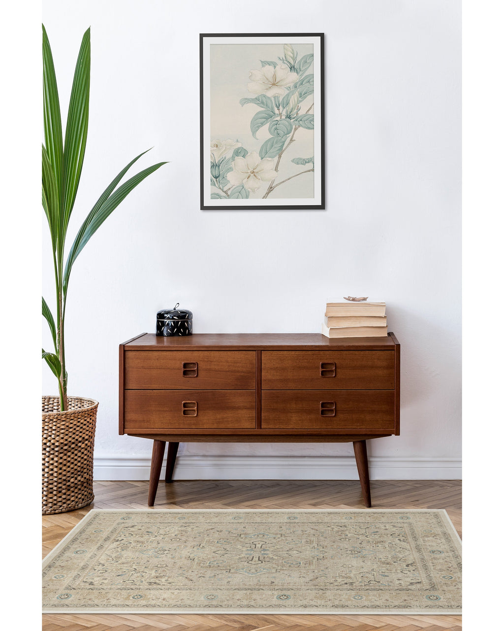 Tapis persan tissé plat minimaliste avec médaillon et bordure ivoire lavables pour salon et chambre