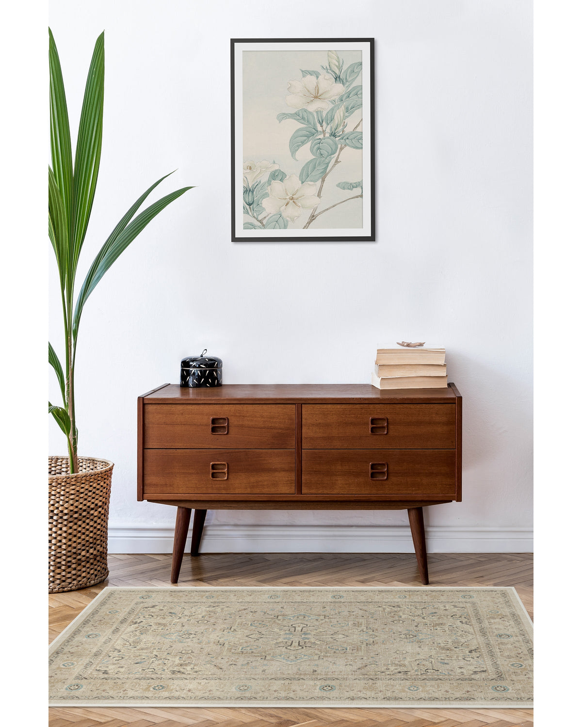 Tapis persan tissé plat minimaliste avec médaillon et bordure ivoire lavables pour salon et chambre