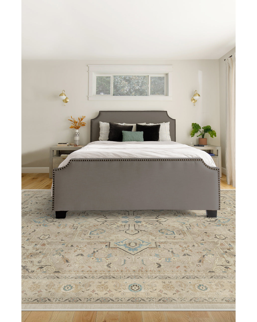 Tapis persan tissé plat minimaliste avec médaillon et bordure ivoire lavables pour salon et chambre