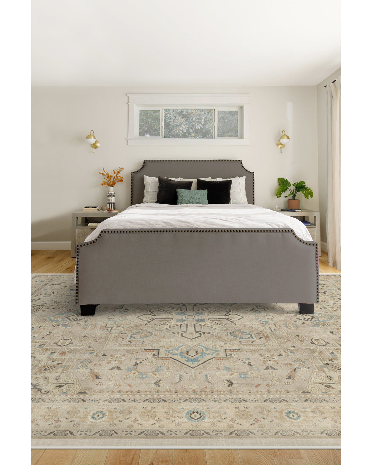 Tapis persan tissé plat minimaliste avec médaillon et bordure ivoire lavables pour salon et chambre