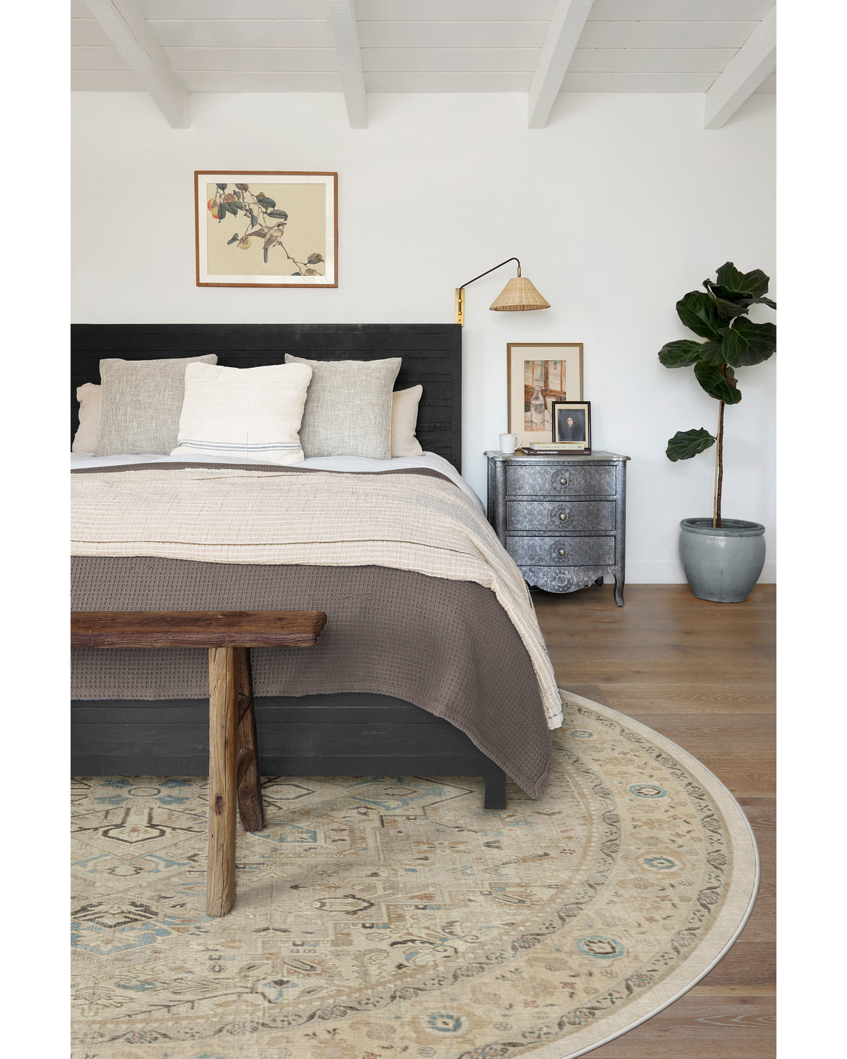 Tapis persan tissé plat minimaliste avec médaillon et bordure ivoire lavables pour salon et chambre